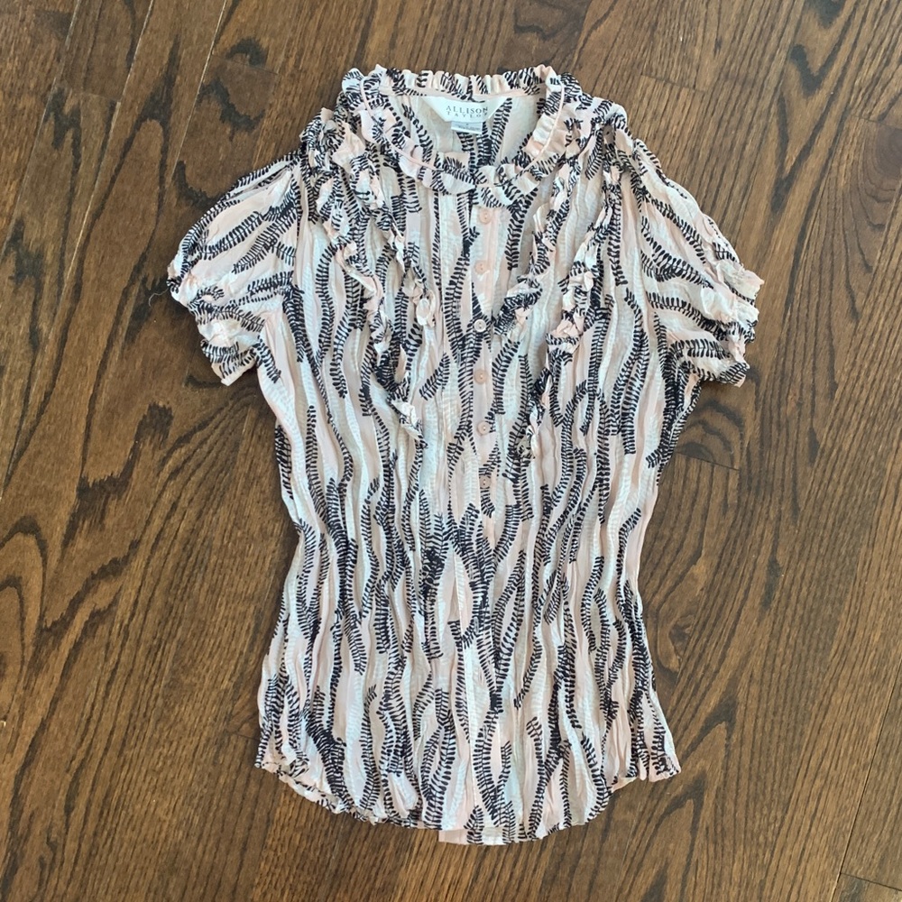 Allison Taylor Black and Pink/Cream Ruffled Blouse